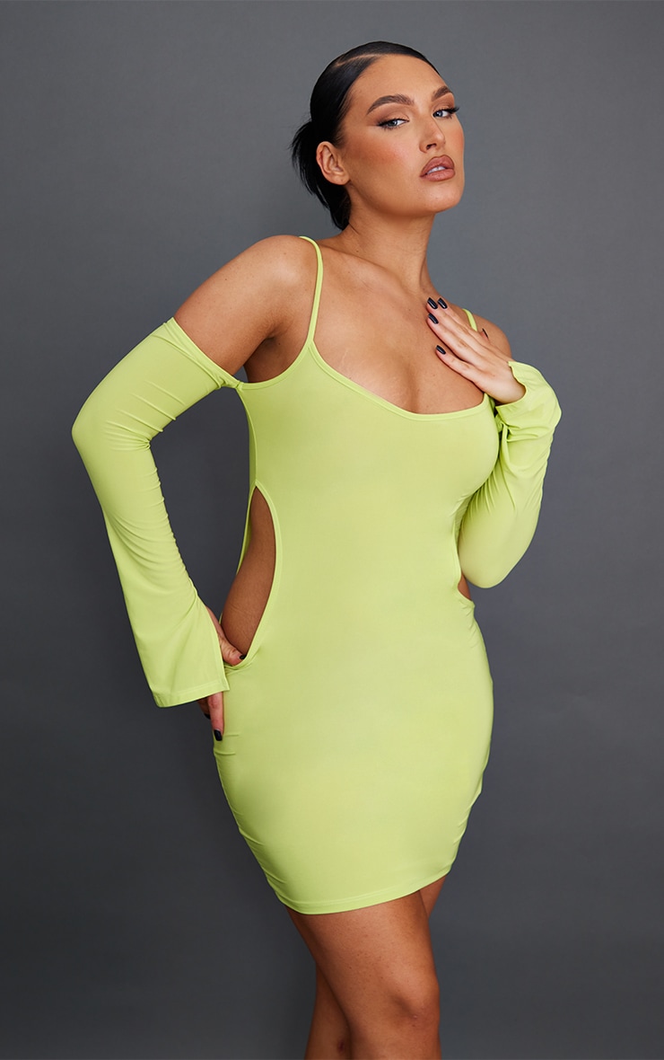 Light Lime Slinky Side Cut Out Cold Shoulder Bodycon Dress image 1