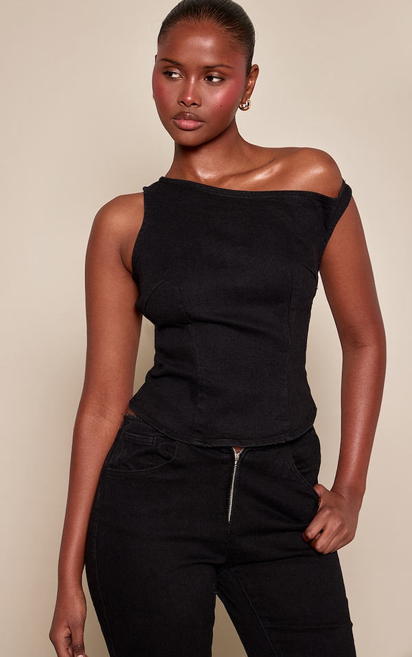 Black Denim Asymmetric Sleeveless Top