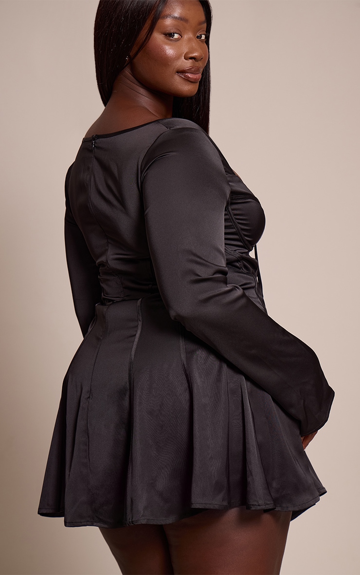 Plus Black Satin Long Sleeve Mini Dress image 2