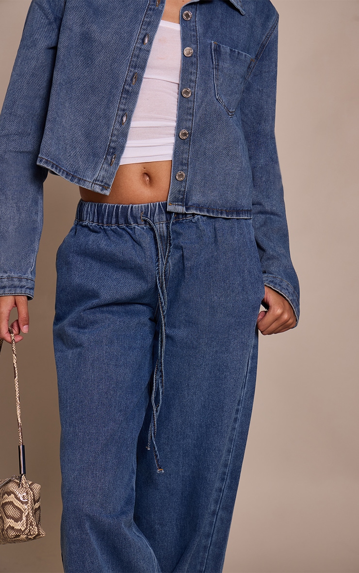 Mid Blue Relaxed Tie Waistband Wide Leg Jeans image 4