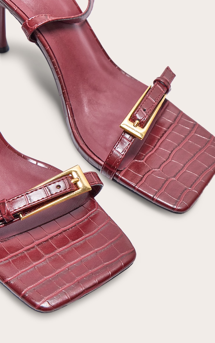Burgundy PU Square Toe Double Buckle High Stiletto Heeled Sandals image 4