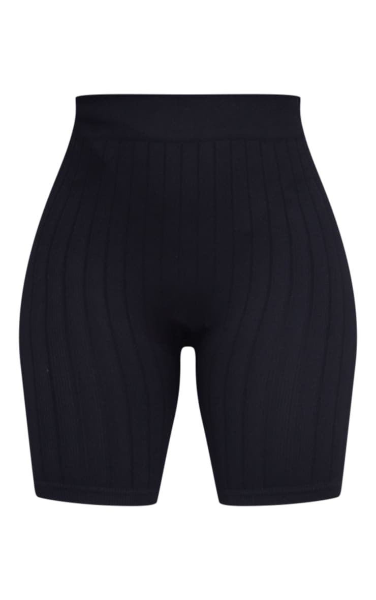 Black Wide Structured Rib Bike Shorts image 6