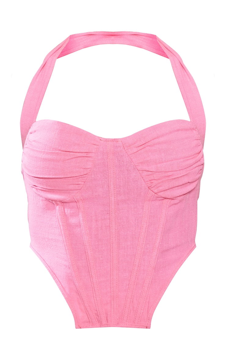 Hot Pink Linen Look Ruched Bust Halter Neck Corset Top image 5