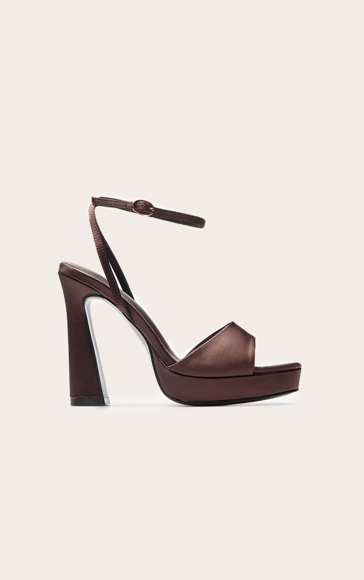 Chocolate Satin Platform Chunky Heeled Sandals image 3