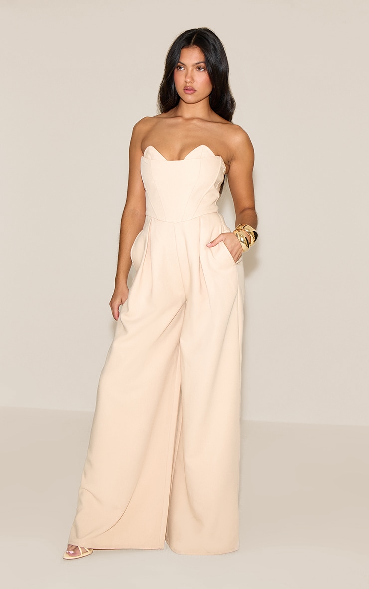 PLT Label Almond Corset Bust Detail Wide Leg Tailored Jumpsuit image 3