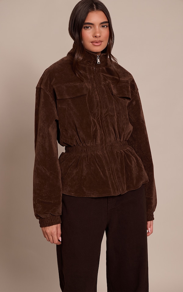 Veste en suédine chocolat à col montant et taille cintrée