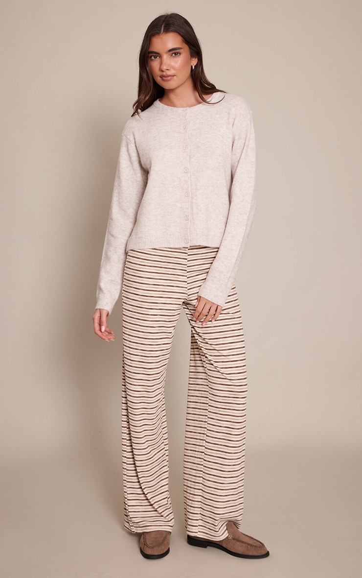 Light Brown Soft Rib Striped Low Rise Straight Leg Trousers
