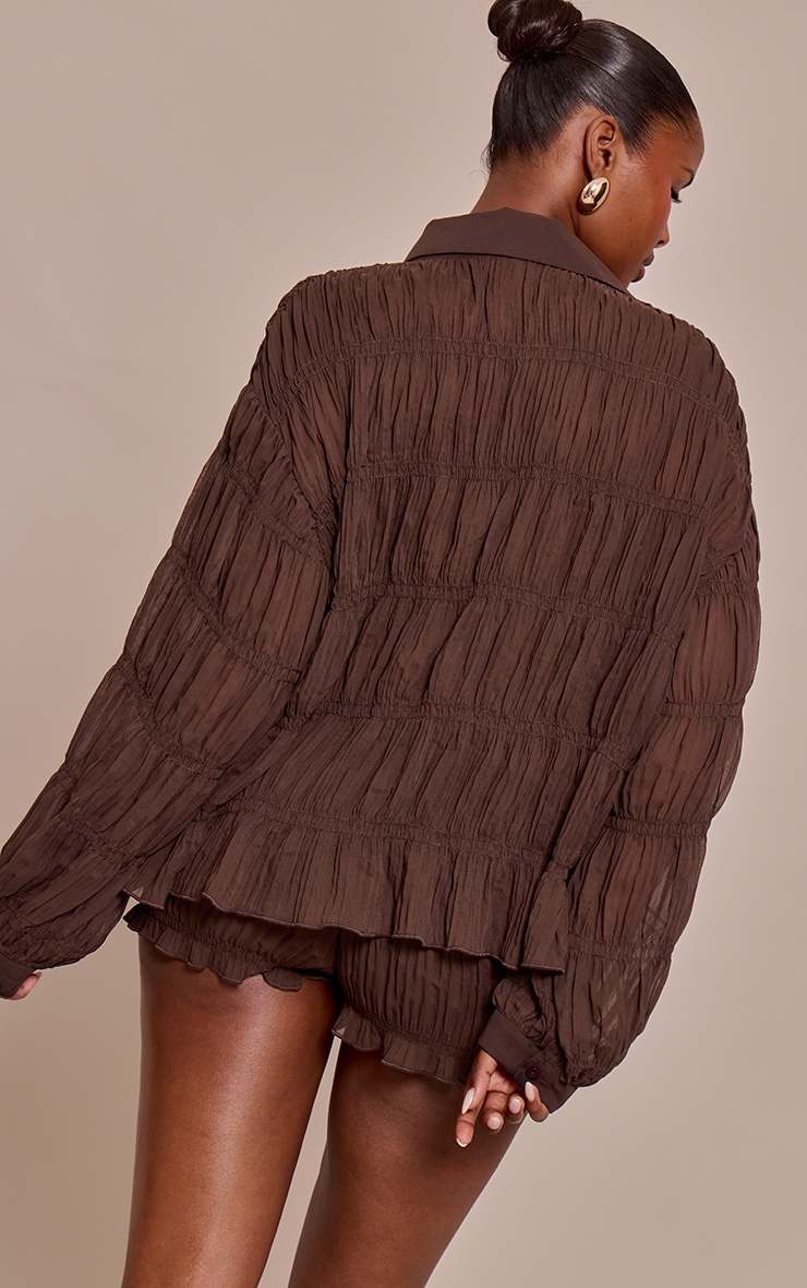 Dark Brown Chiffon Shirred Mini Shorts image 3