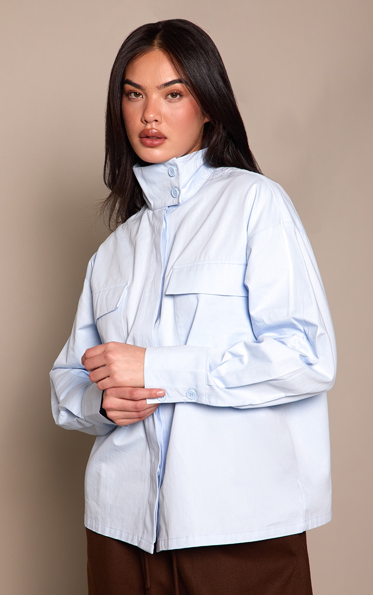 Blue Cotton Funnel Neck Boxy Shirt