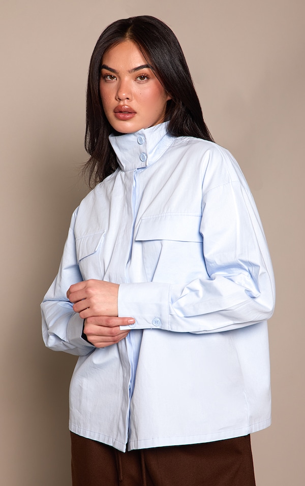 Blue Cotton Funnel Neck Boxy Shirt 