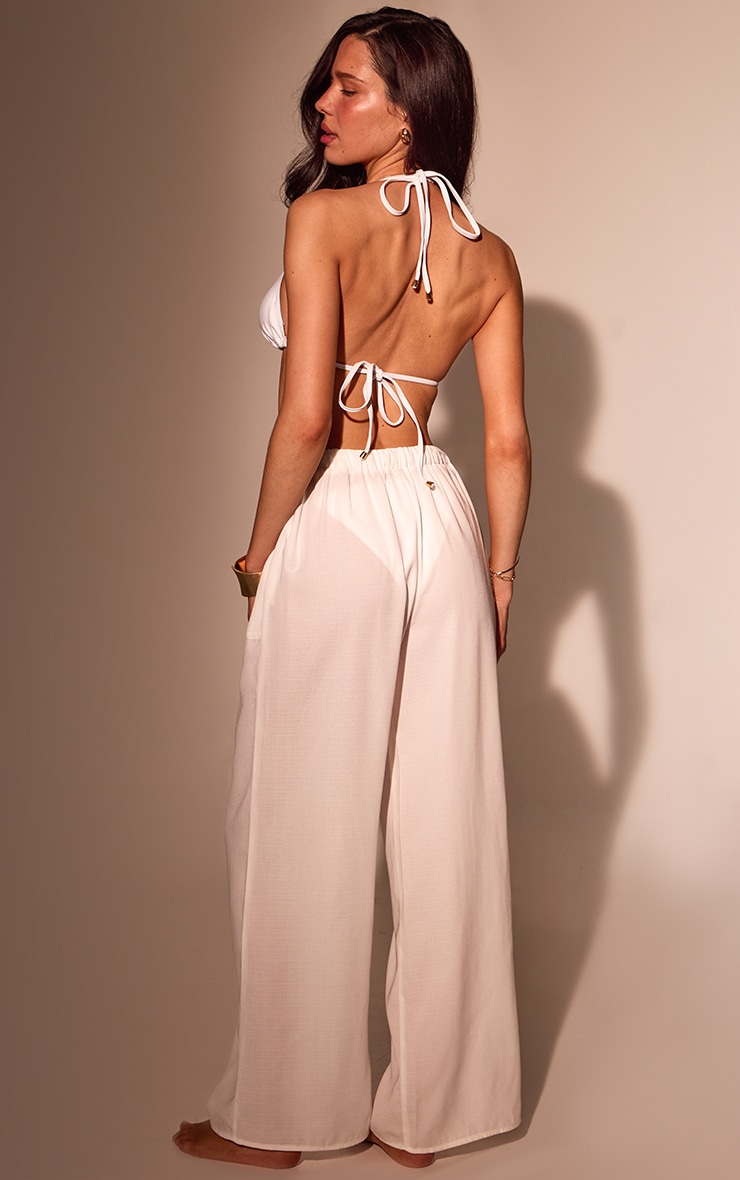 White Linen Look Drawstring Beach Pants image 3