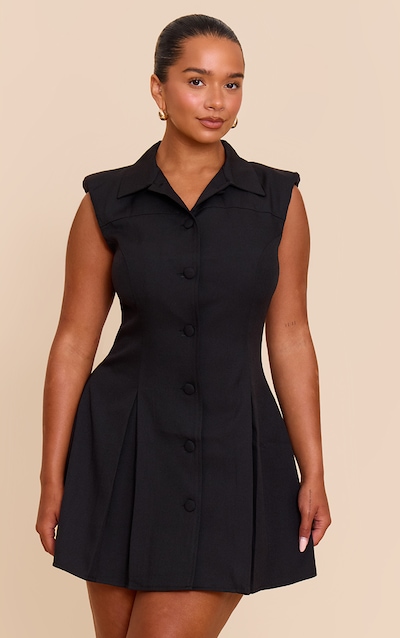 Shape Black Sleeveless Button Up Pleated Hem Shirt Dress