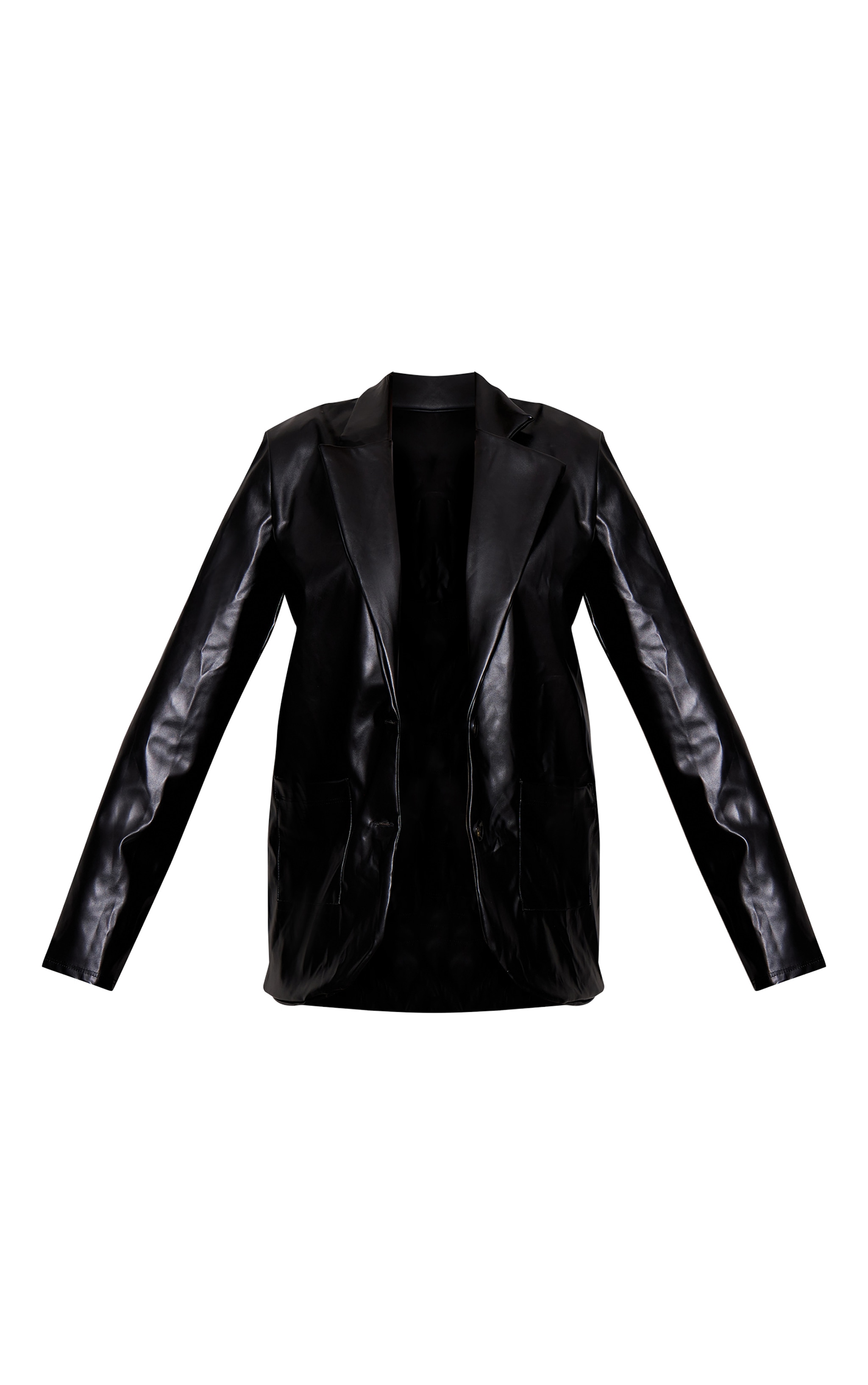 Black Basic Pocket Detail Curved Hem Faux Leather Blazer image 5