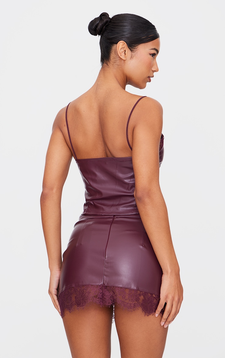 Burgundy Matte Faux Leather Lace Trim Cami Top image 2