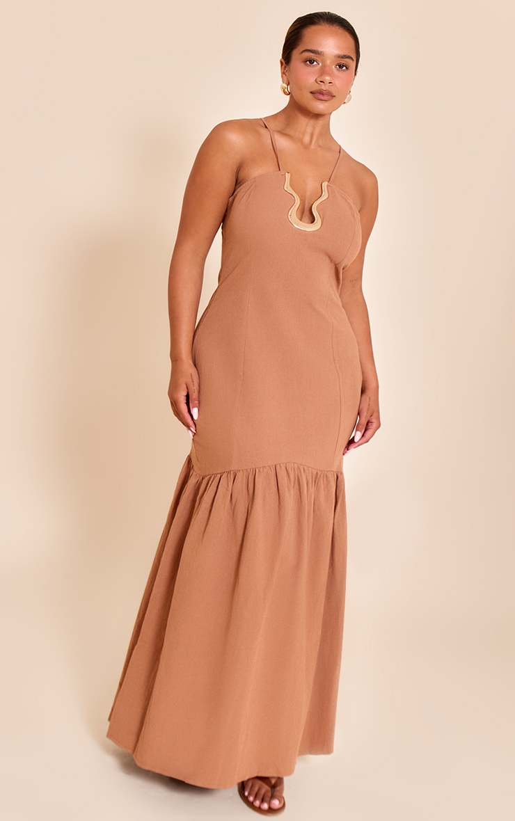 Shape Mocha Linen Gold Wave Trim Dropped Hem Maxi Dress image 1