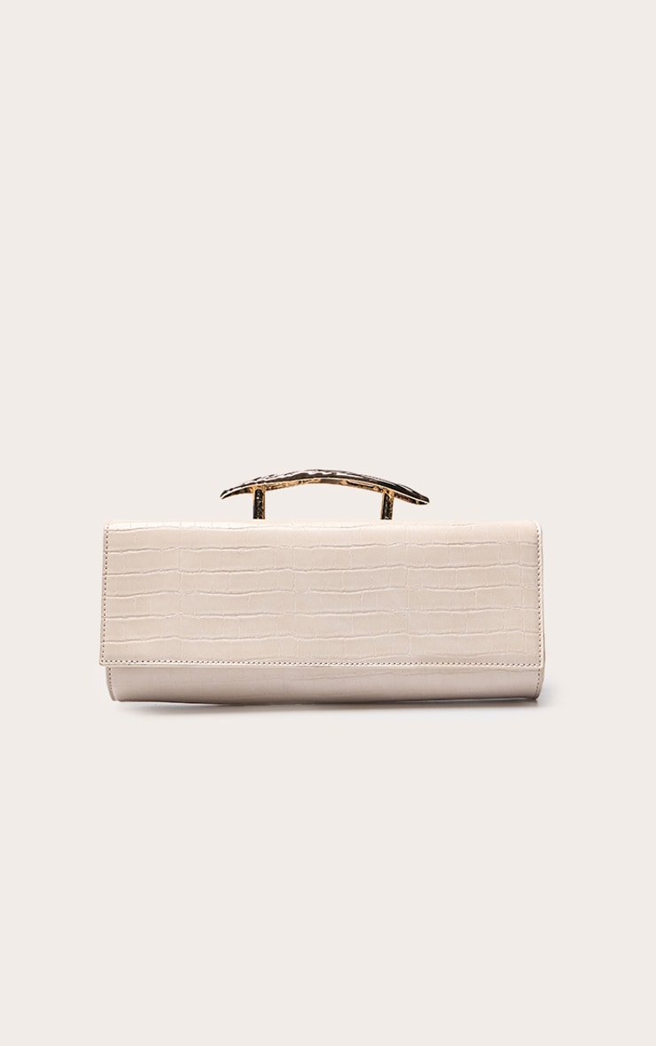 Sac pochette verni crème effet croco à anse en métal doré image 2