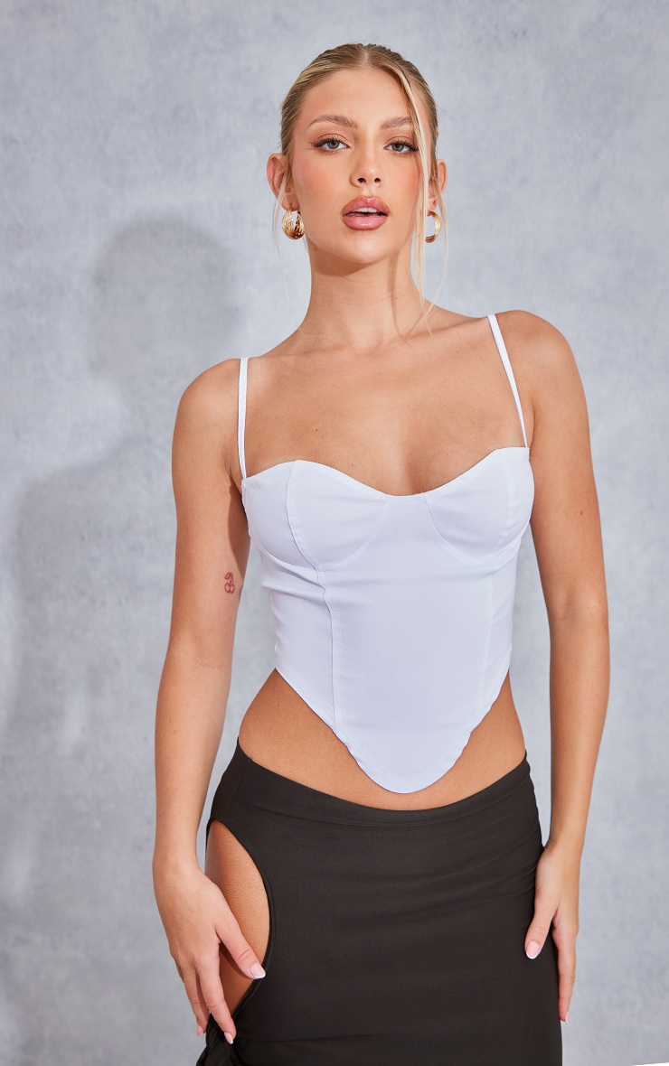 White Stretch Woven Dip Hem Long Top image 1