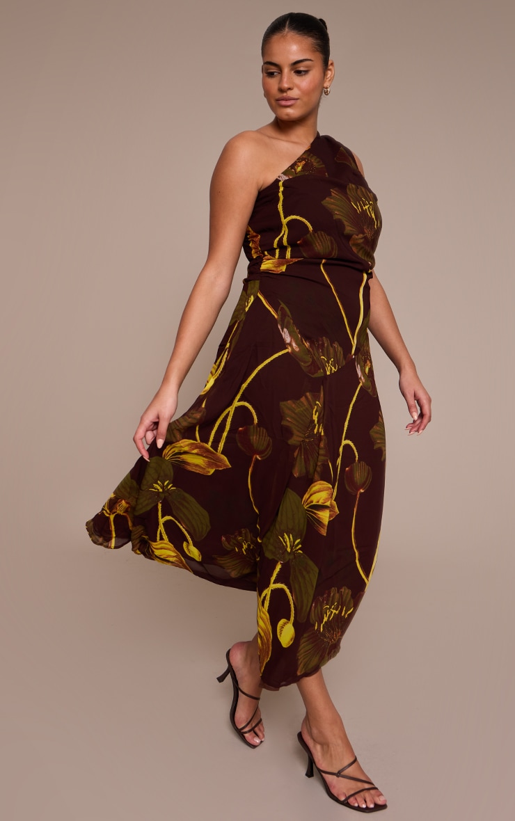 Plus Brown Floral Print Chiffon One Shoulder Maxi Dress image 3