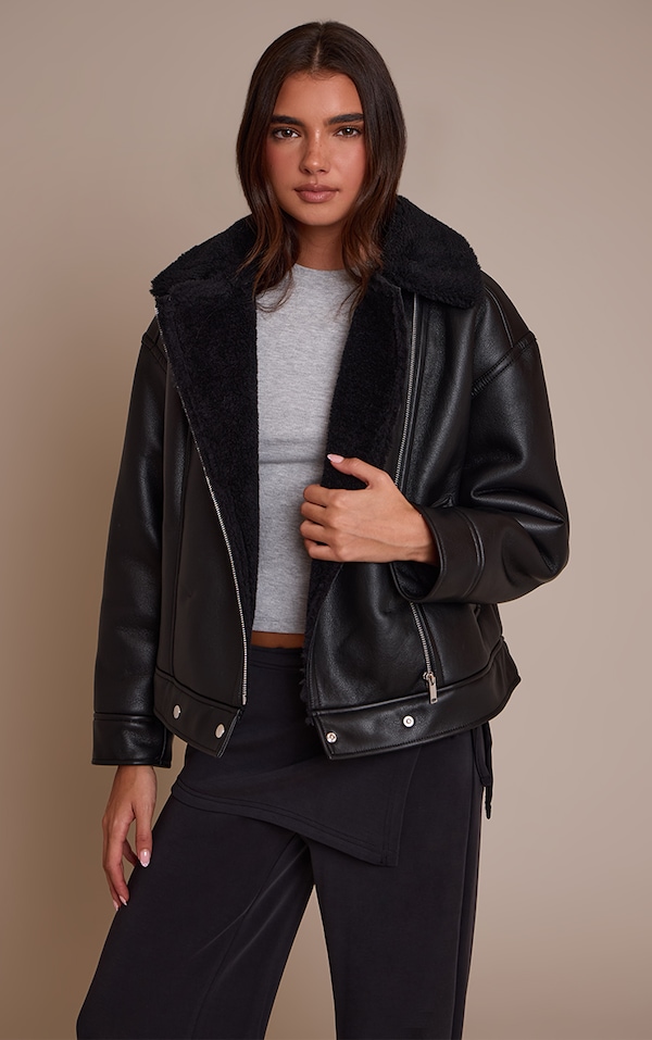 Black Borg Collar Faux Leather Aviator