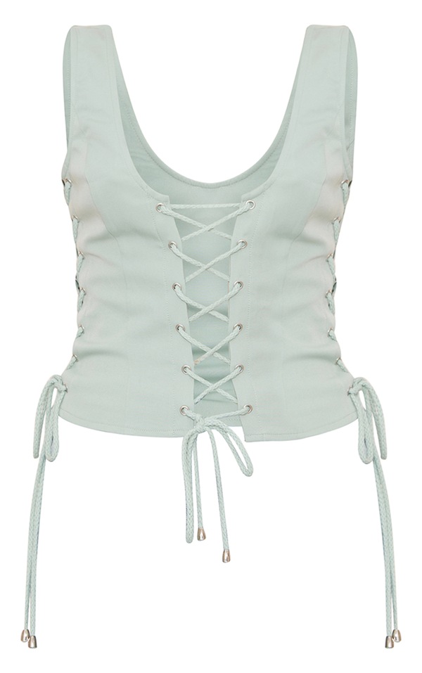 Sage Green Woven Lace Up Plunge Sleeveless Top PrettyLittleThing IRE