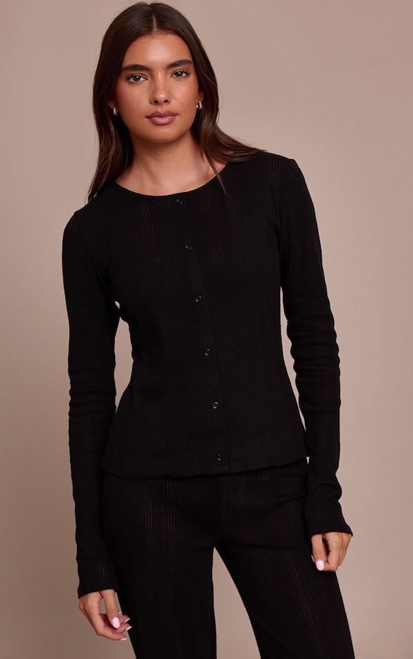 Black Pointelle Button Up Long Sleeve Top