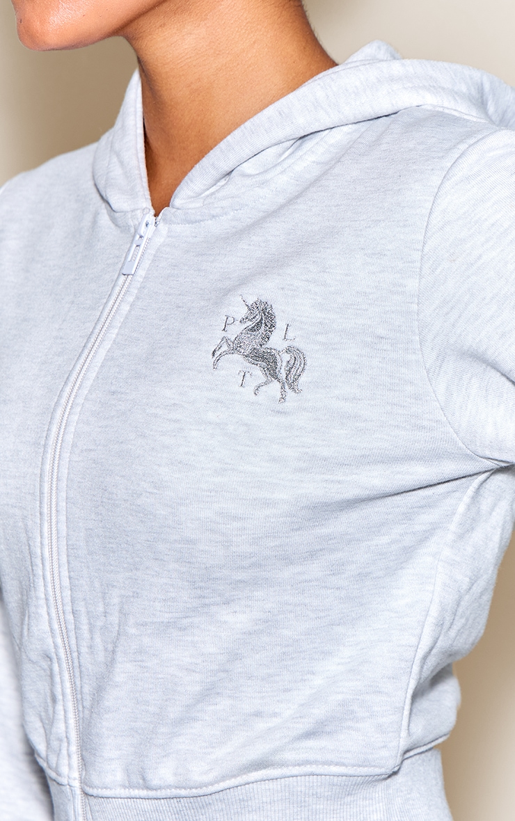 Ash Grey PLT Unicorn Embroidered Crop Zip Hoodie image 4