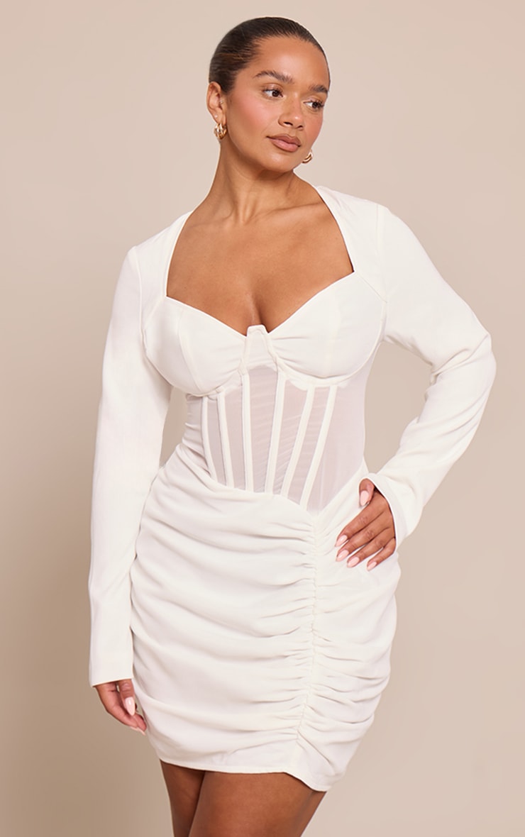 Shape White Corseted Ruched Mesh Insert Side Mini Dress image 1