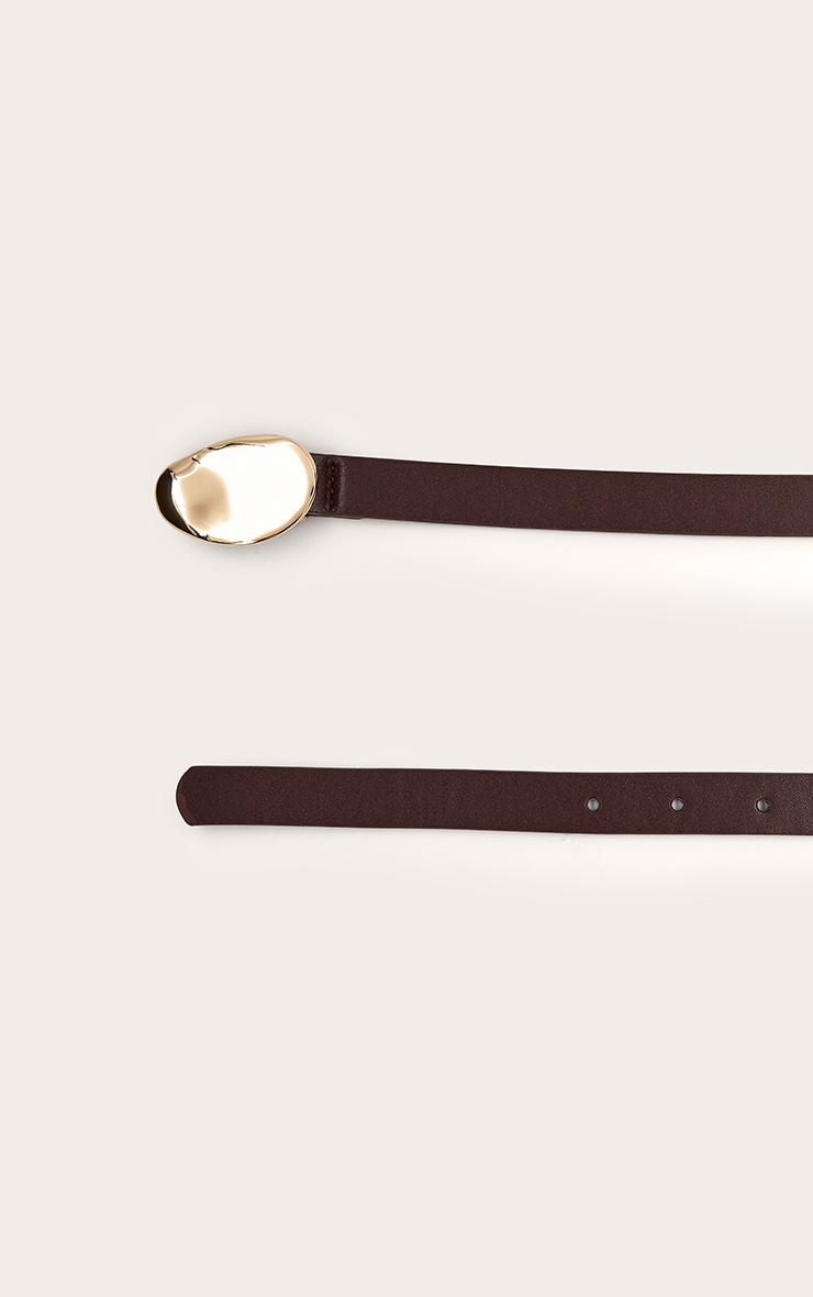 Chocolate PU Hammered Gold Buckle Skinny Belt image 3