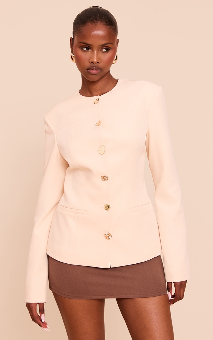 Beige Multi Button Up Round Neck Fitted Jacket image 1