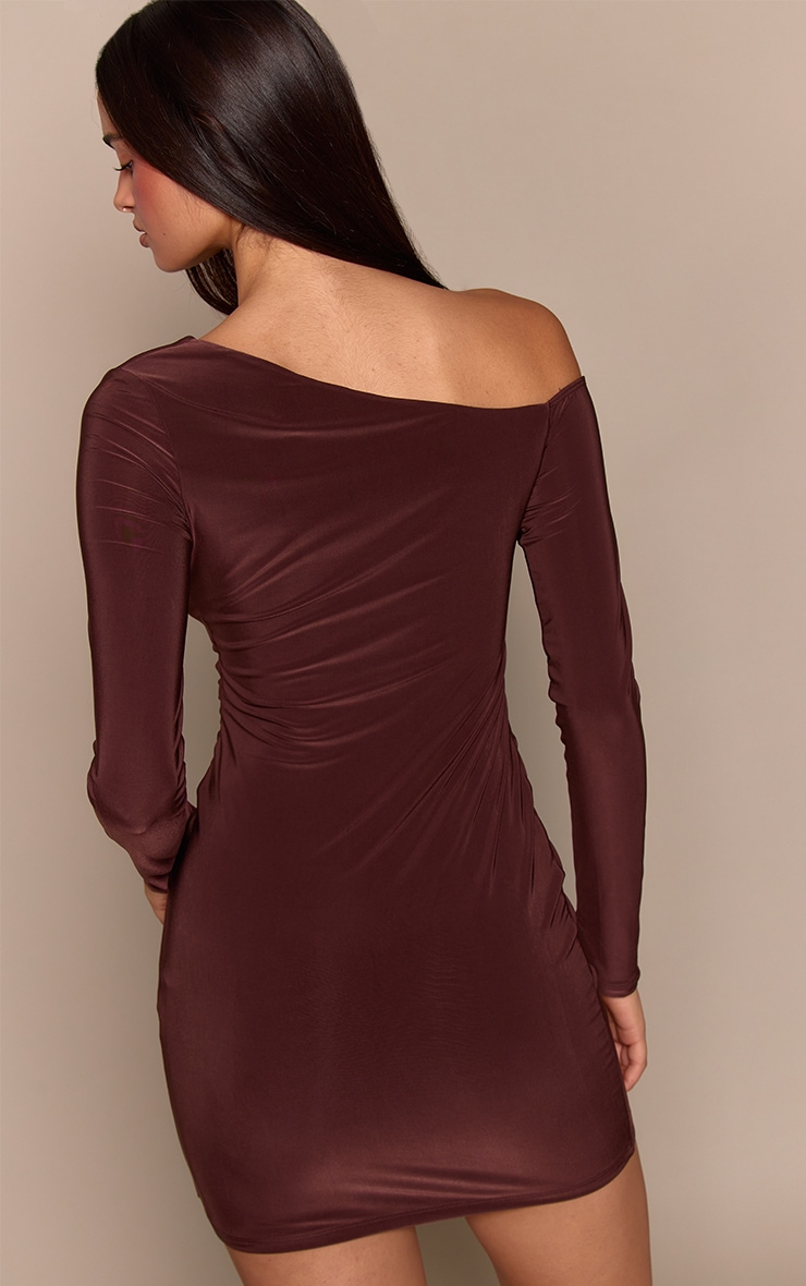Chocolate Double Layer Slinky Asymmetric Ruched Long Sleeve Dress image 2