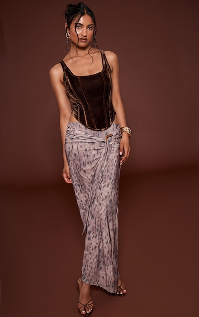 Brown Printed Slinky Trim Detail Maxi Skirt