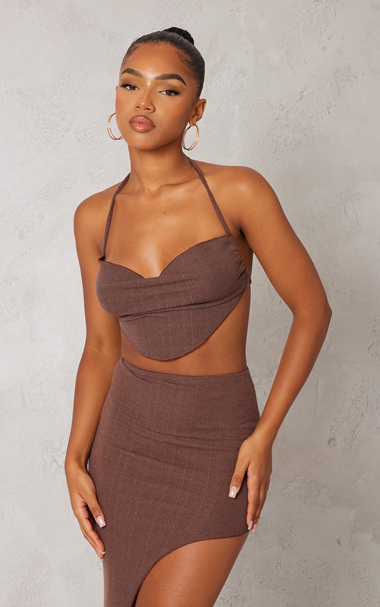 Chocolate Textured Jersey Cowl Neck Halter Crop Top