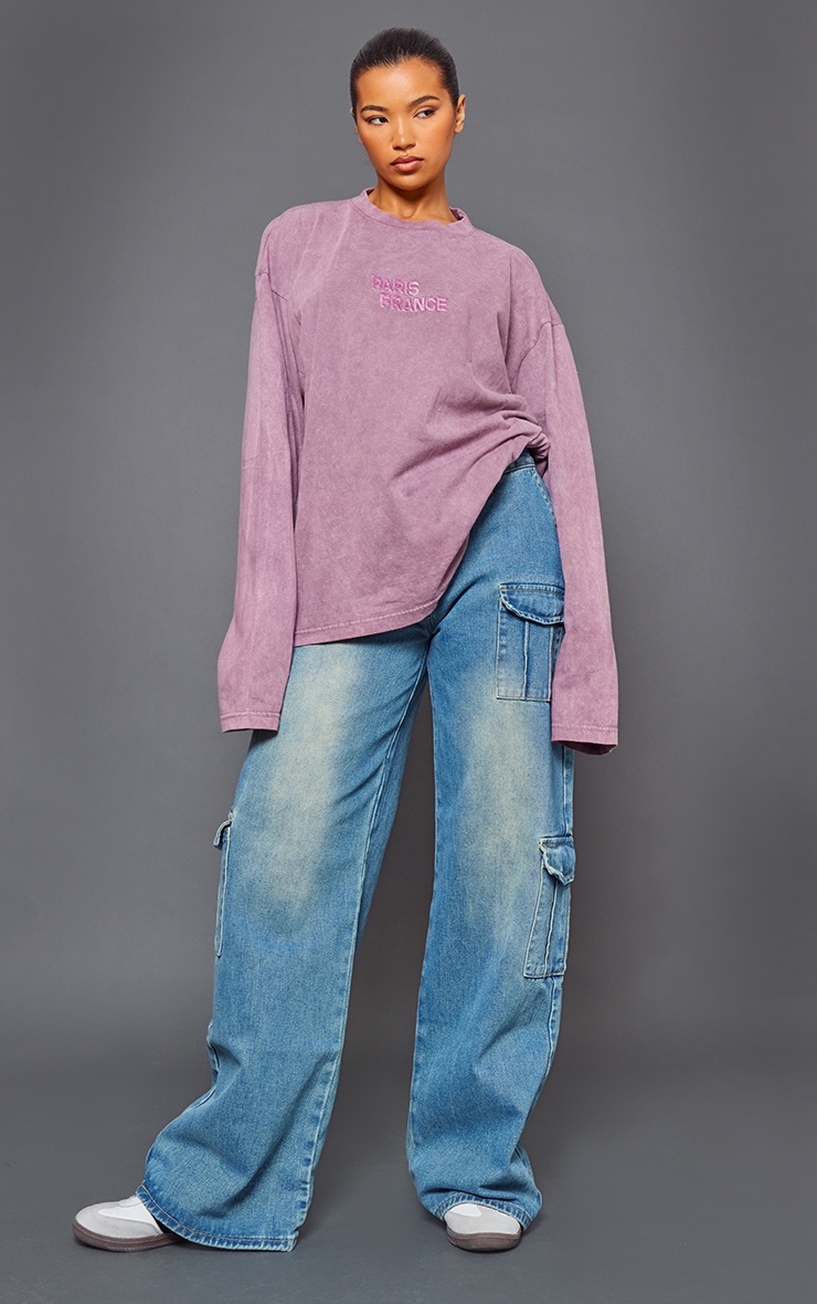 Mauve Washed Paris Embroidered Long Sleeve T Shirt image 1