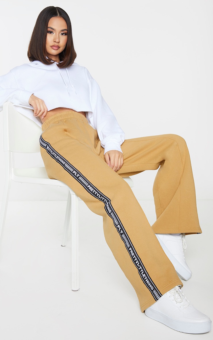PRETTYLITTLETHING Camel Side Tape Wide Leg Joggers