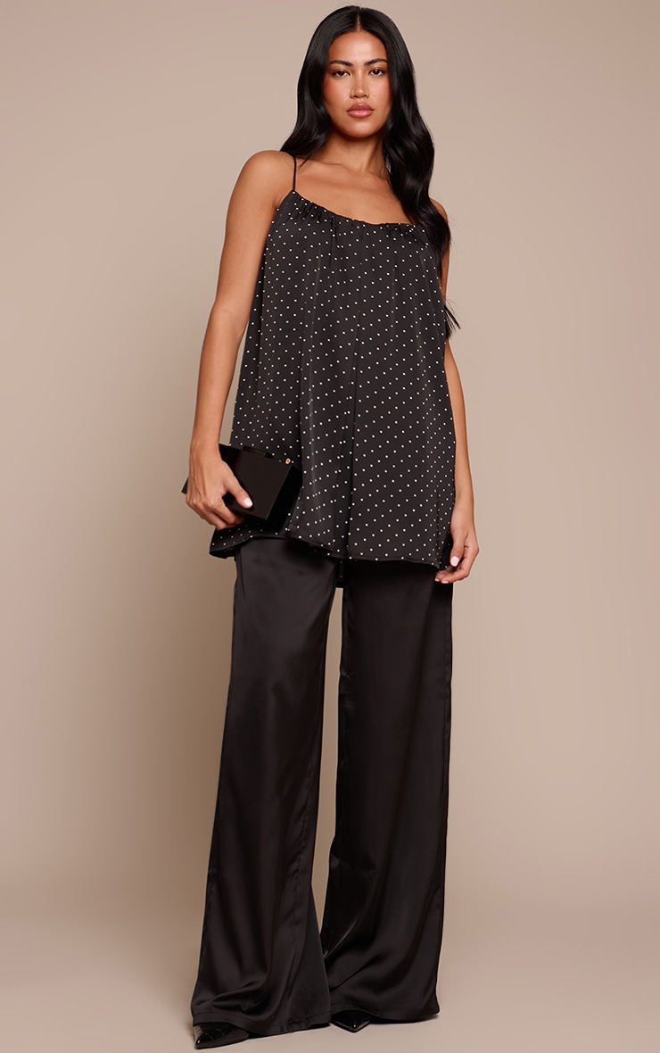 Black Polka Dot Satin Strappy Flowy Longline Cami Top image 3