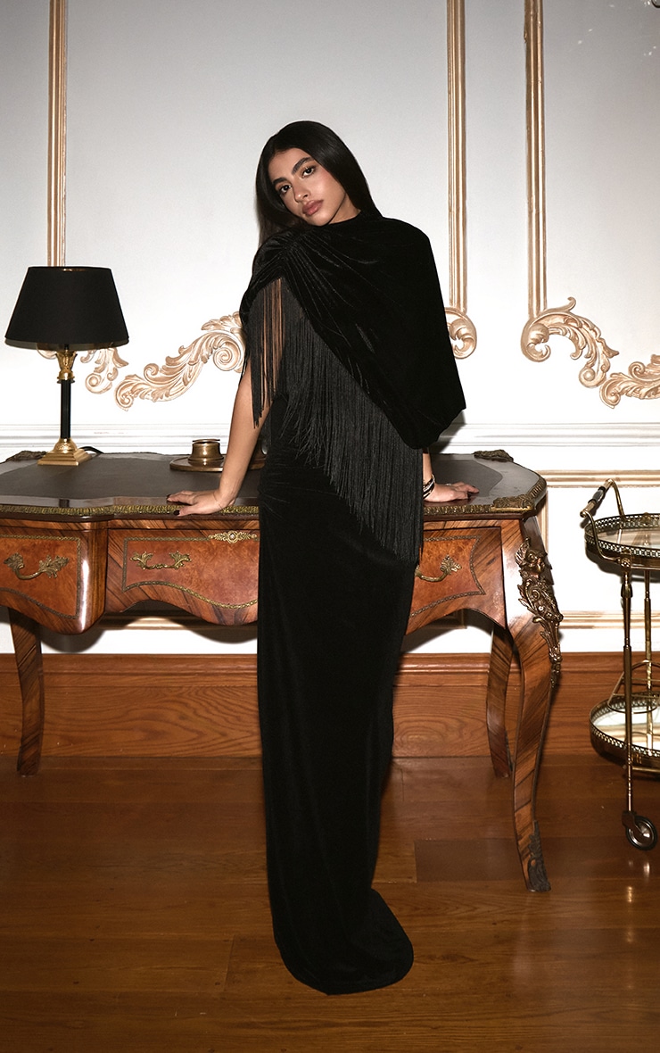 Black Velvet Cape Tassel Hem Long Top image 5