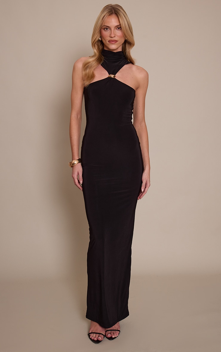 Black Double Layer Slinky High Neck Trim Detail Maxi Dress image 1