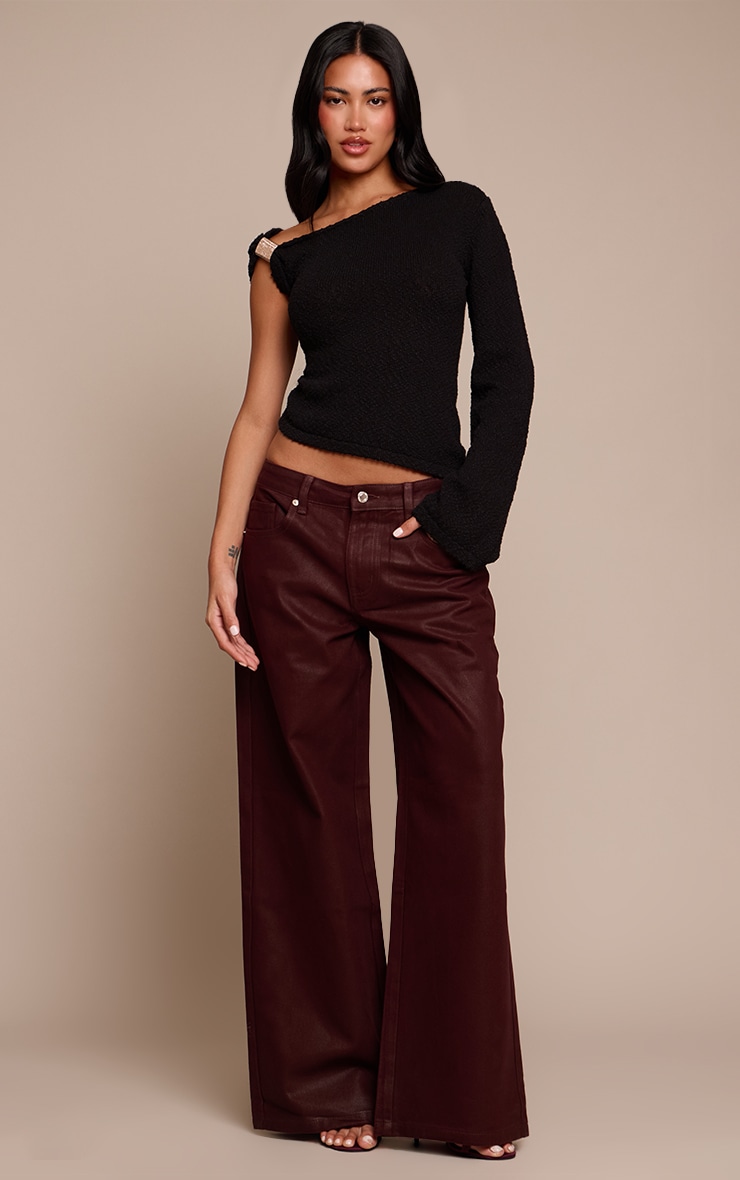 Black Bobble Knit Trim Detail One Shoulder Top image 3