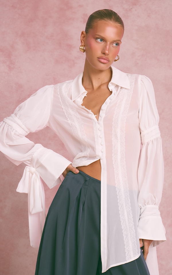 White Chiffon Lace Trim Detail Long Blouse
