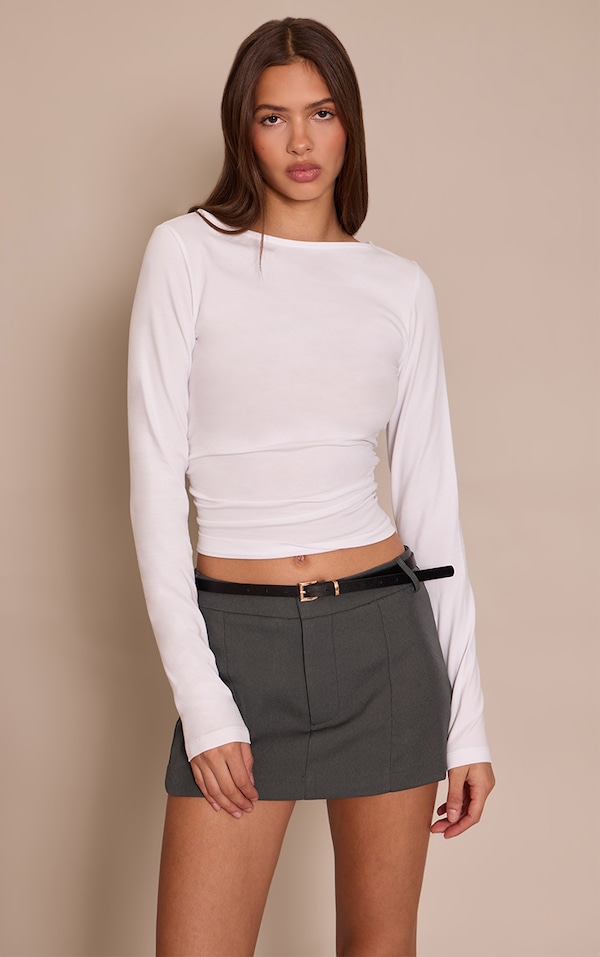 White Soft Cotton Ruched Side Long Sleeve Top