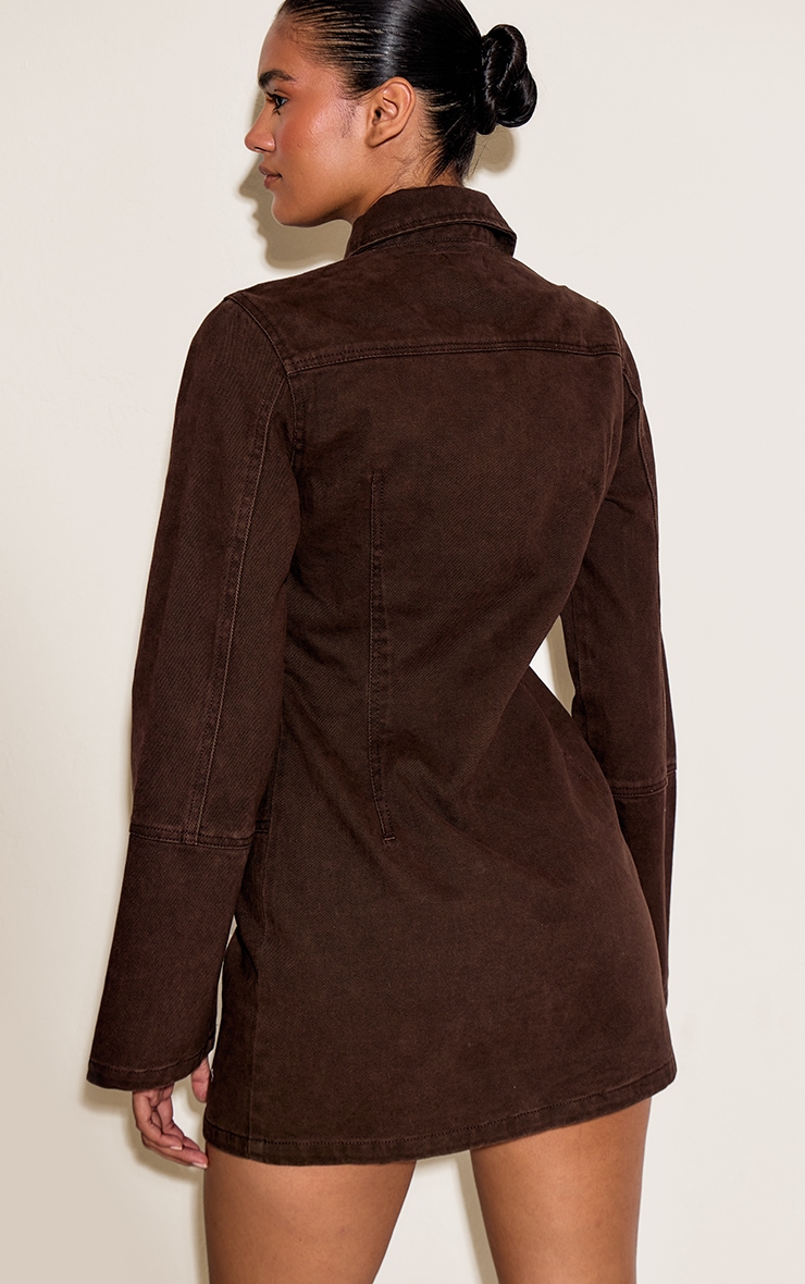 Dark Chocolate Seam Detail Long Sleeve Denim Shirt Dress image 3