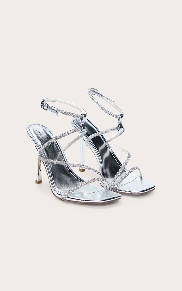 Silver PU Square Toe Diamante Asymmetric Strap High Heels image 3