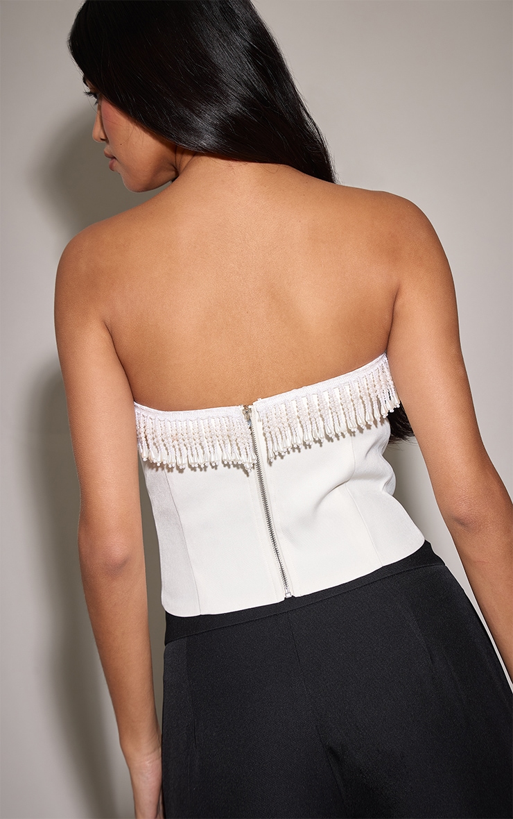 Cream Boned Pearl Tassel Trim Corset   image 2