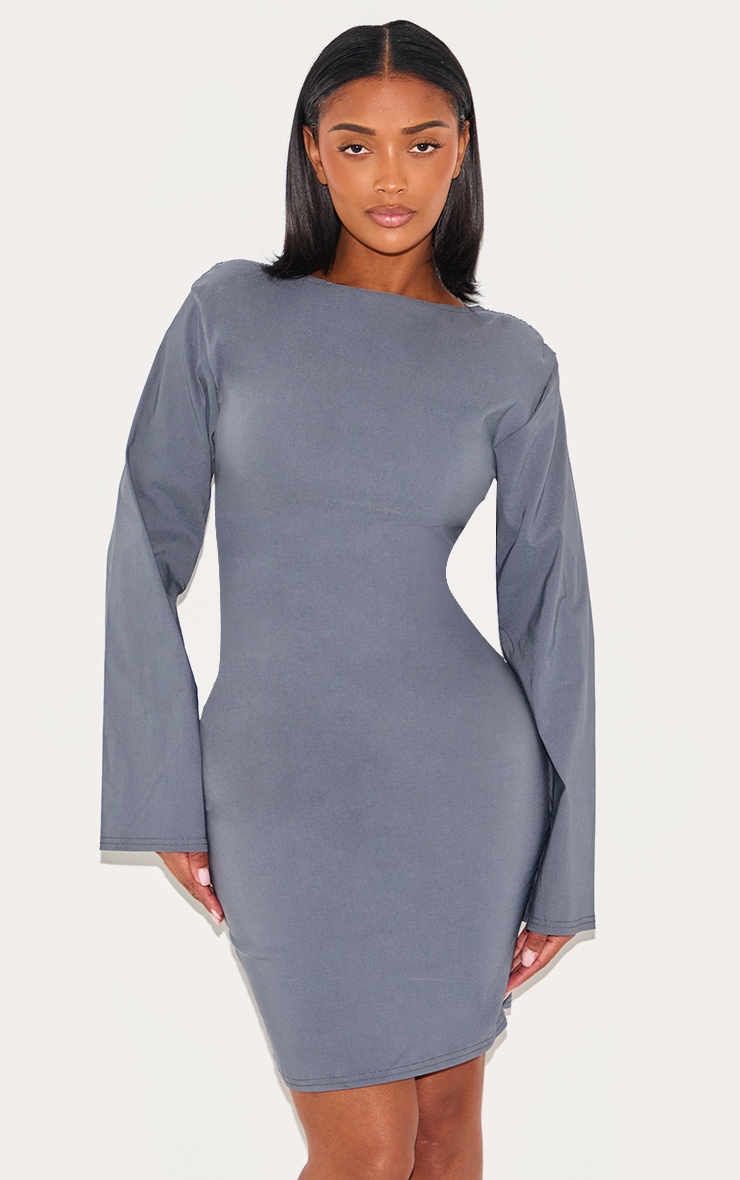 ★SCULPTOR★ Cargo ZipUp Dress Charcoal SC24S302CH Shape Charcoal Stretch Boat Neck Waist Mini Dress | Shape