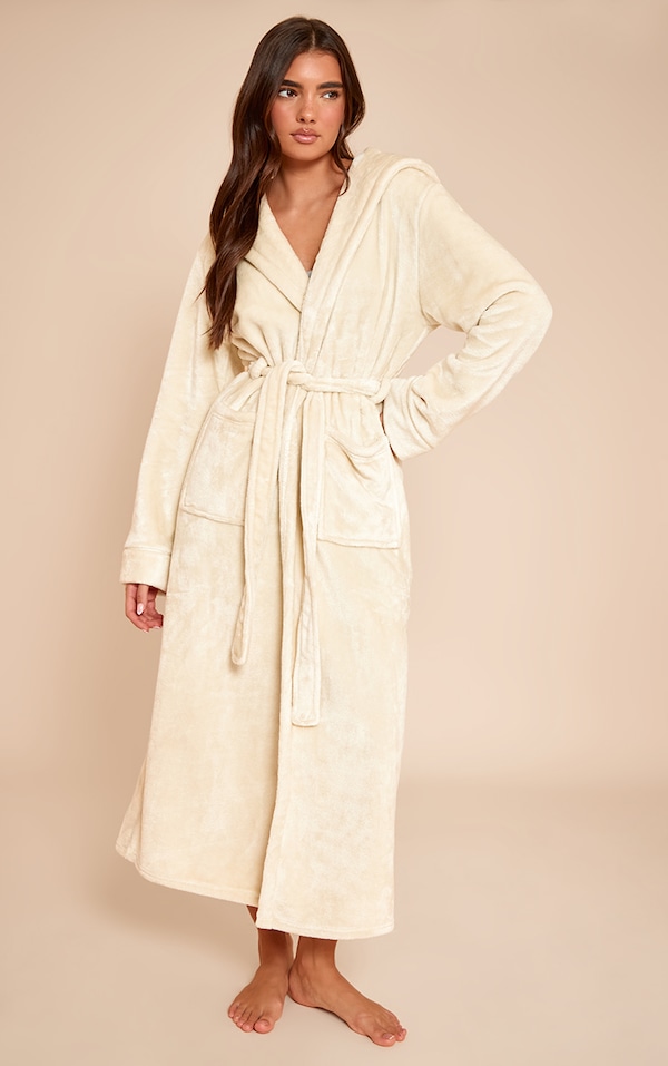 Cream Fleece Maxi Hooded Dressing Gown
