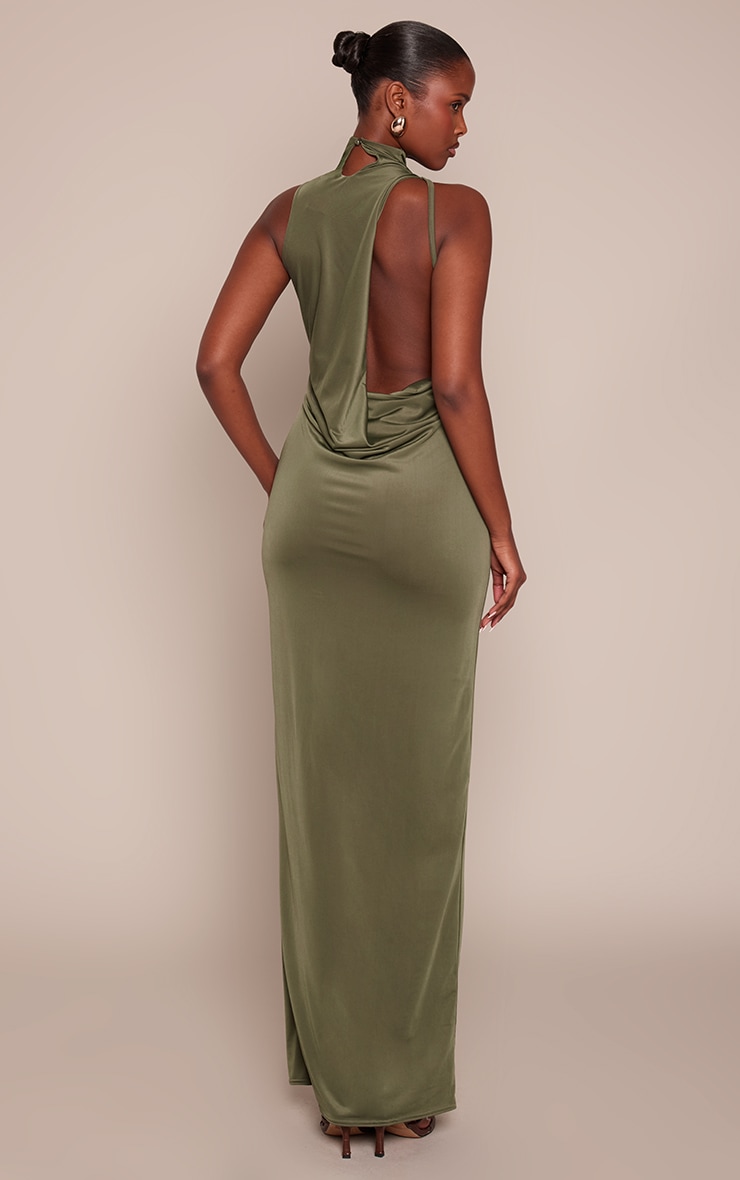 Khaki Slinky High Neck Asymmetric Maxi Dress image 2