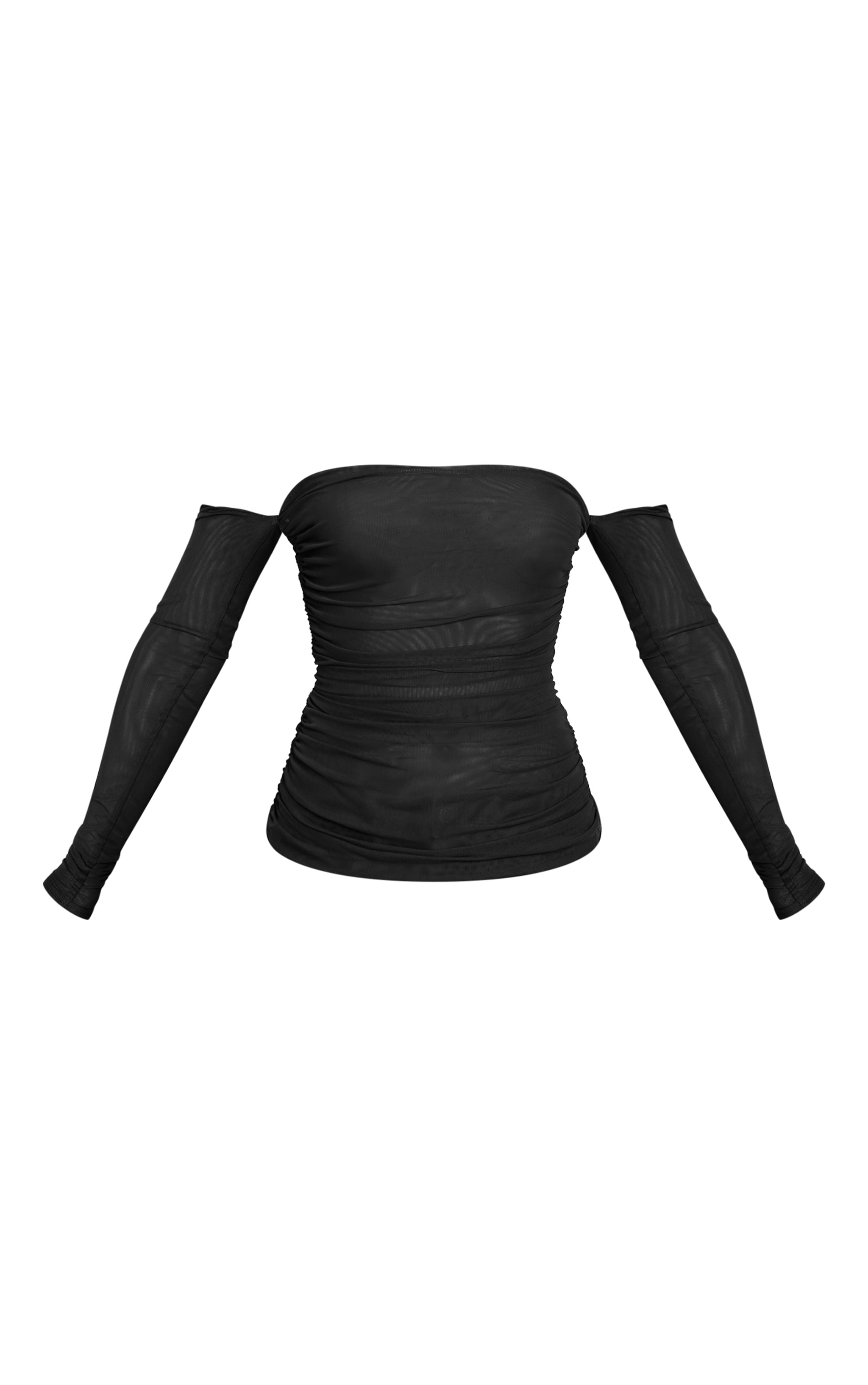 Black Double Layer Mesh Ruched Detail Long Sleeve Bardot image 5