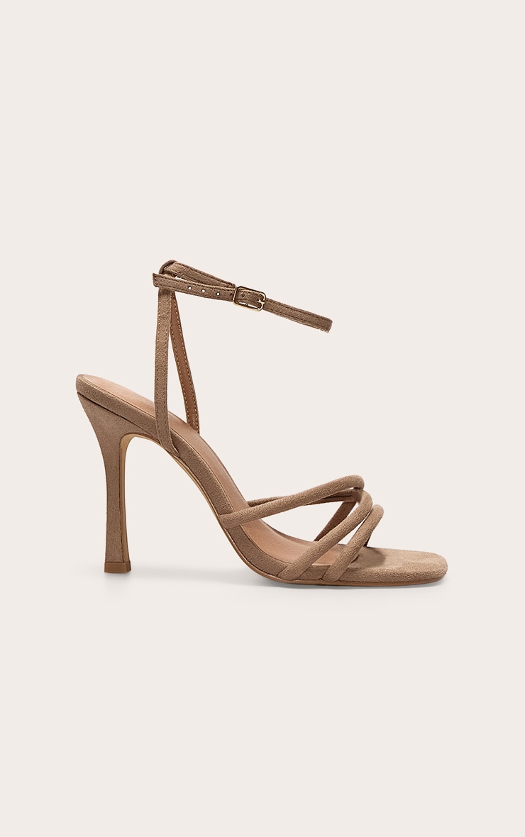 PrettyLittleThing.com Mushroom Wide Fit Faux Suede Square Toe Tube Cross High Stiletto Heels