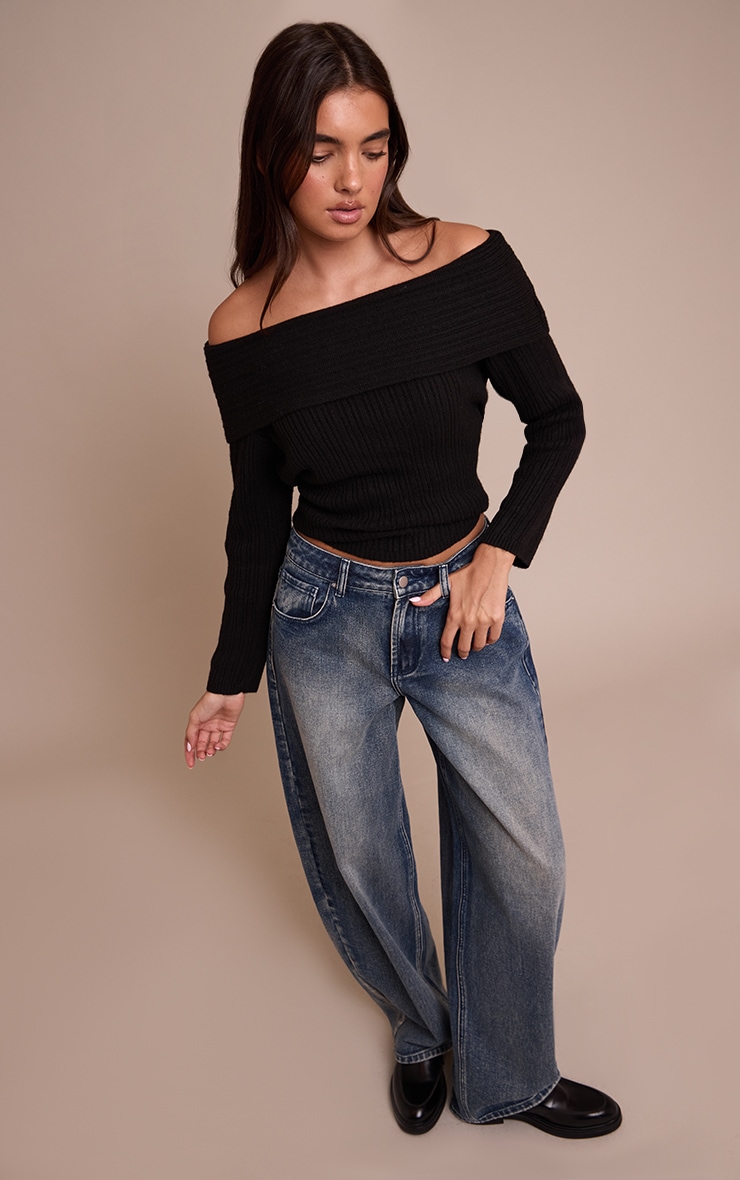 Black Off The Shoulder Knit Long Sleeve Top image 3