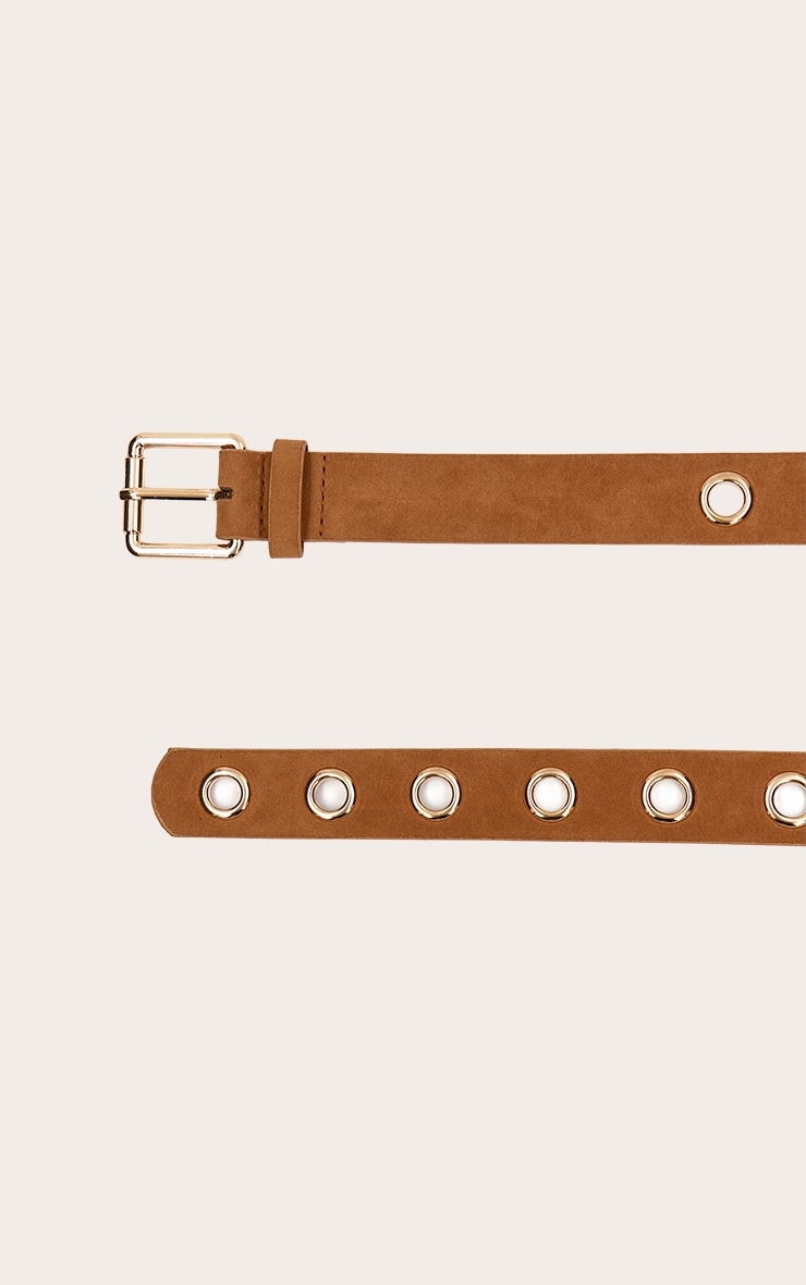 Tan Faux Suede Gold Eyelet Detail Belt image 3